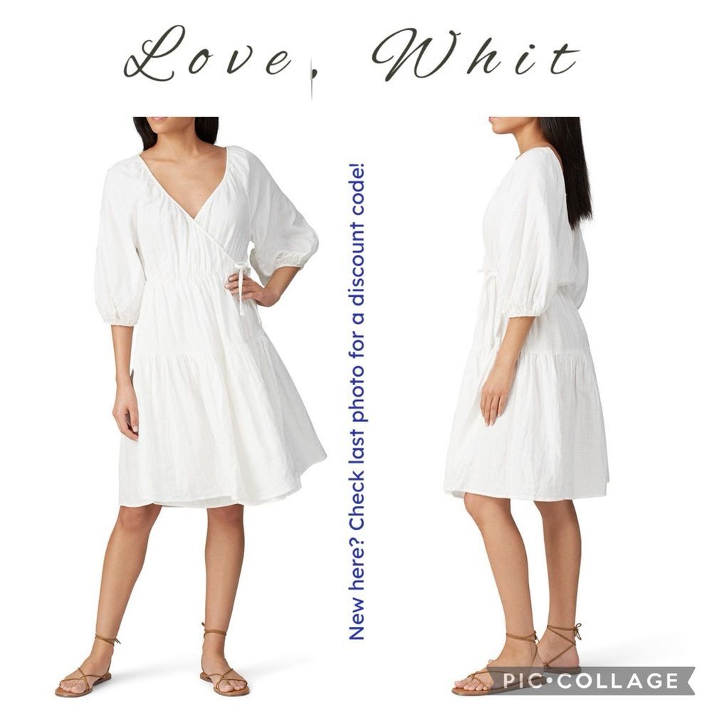 Love, Whit | White Puff Sleeve Wrap Cotton Dress‎ in White, Size XS